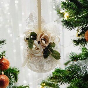 Vintage Handmade Lace Covered Christmas Ball Ornament White Floral Satin Ribbon